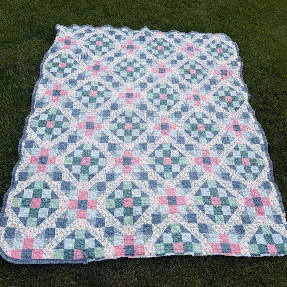 B- Vintage Handmade Patchwork Quilt Pastel Pink Blue Floral Cottagecore 78x68